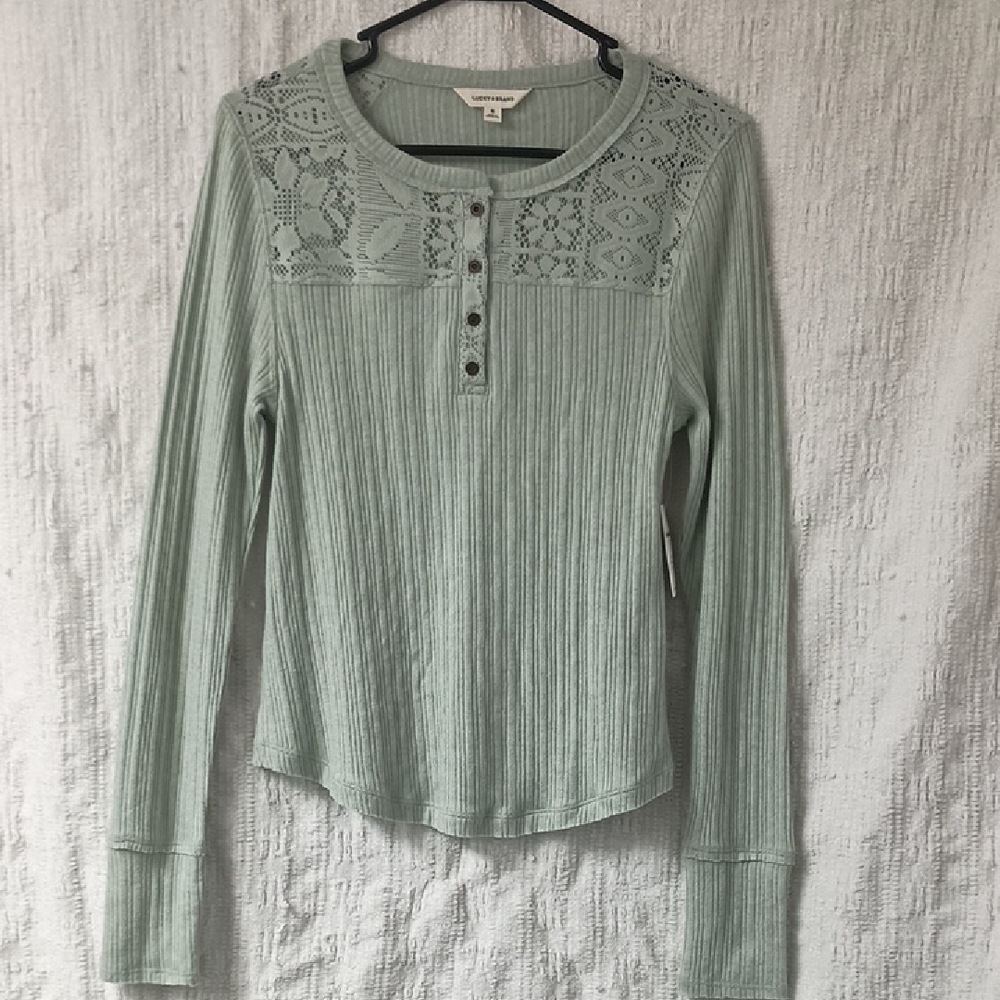 Lucky Brand Cloud Aqua Gray Lace Mix Henley Top M